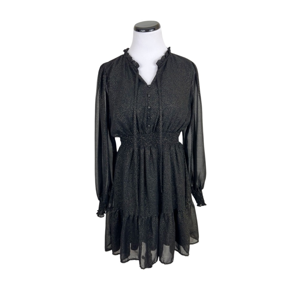 Sweet Wanderer Long Sleeve Blouson Dress Black Gold Metallic Size XL